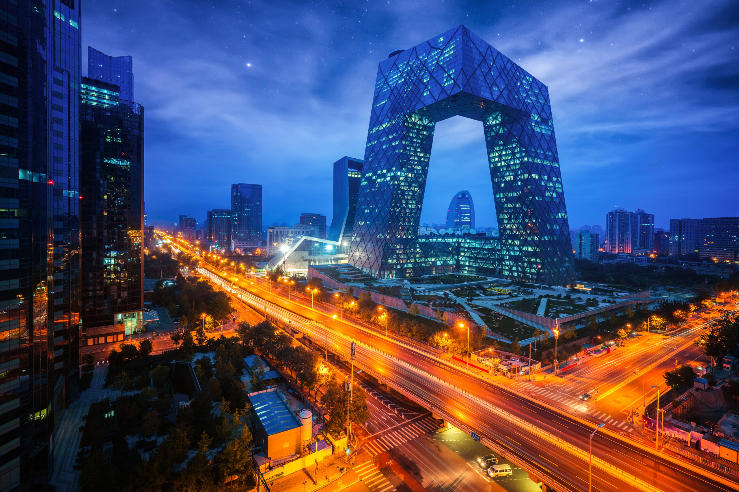 Night cityscape with bilding and road in Beijing city