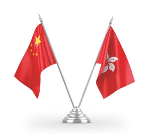 Hong Kong and China table flags isolated on white 3D rendering